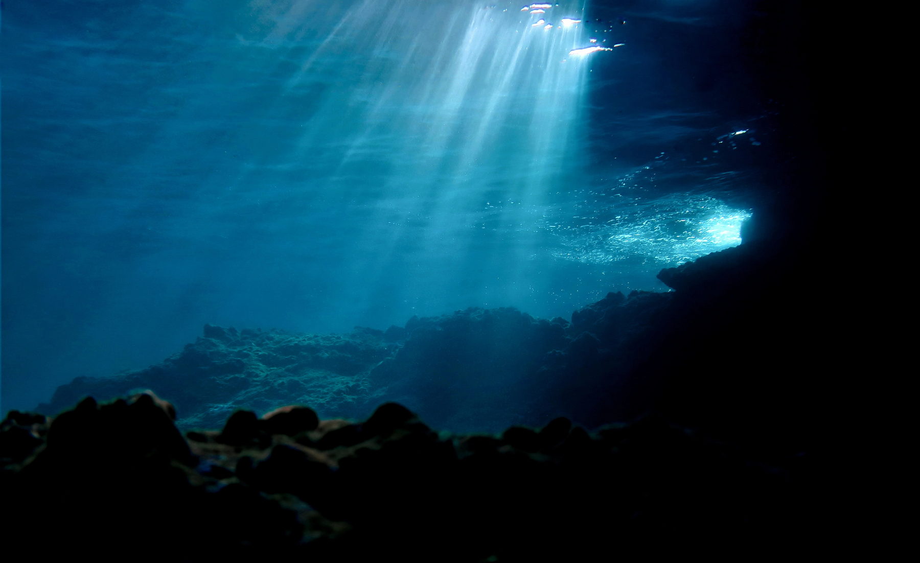 Sunlit reef beginning to appear through blue water